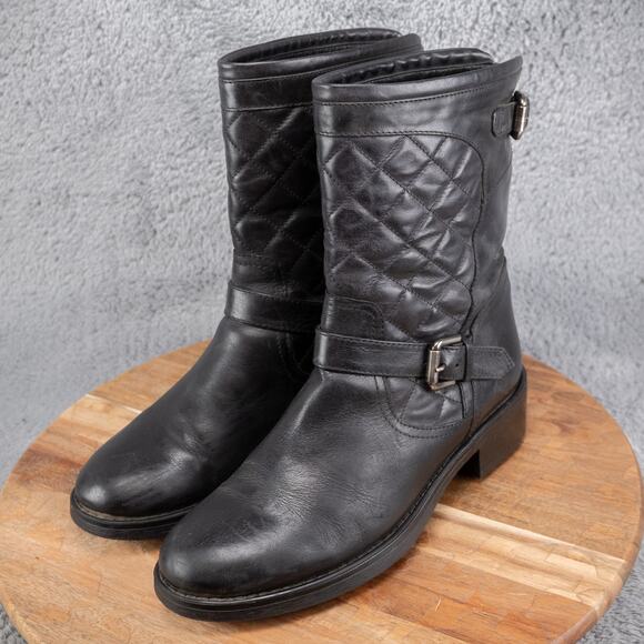 $500 AQUATALIA MADE ITALY 8.5 SOFT BLACK LEATHER Boots QUILTED BUCKLE BIKER - Picture 3 of 8